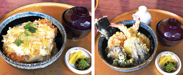 鹿児島県産黒豚使用「カツ丼」、こだわりの天丼出汁「天丼」。各1,300円(税込)