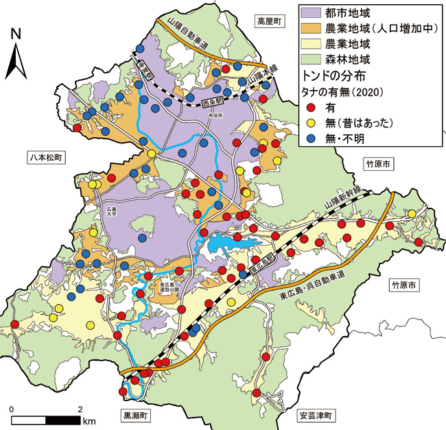 ▲2020年に西条町内で制作されたトンドの分布