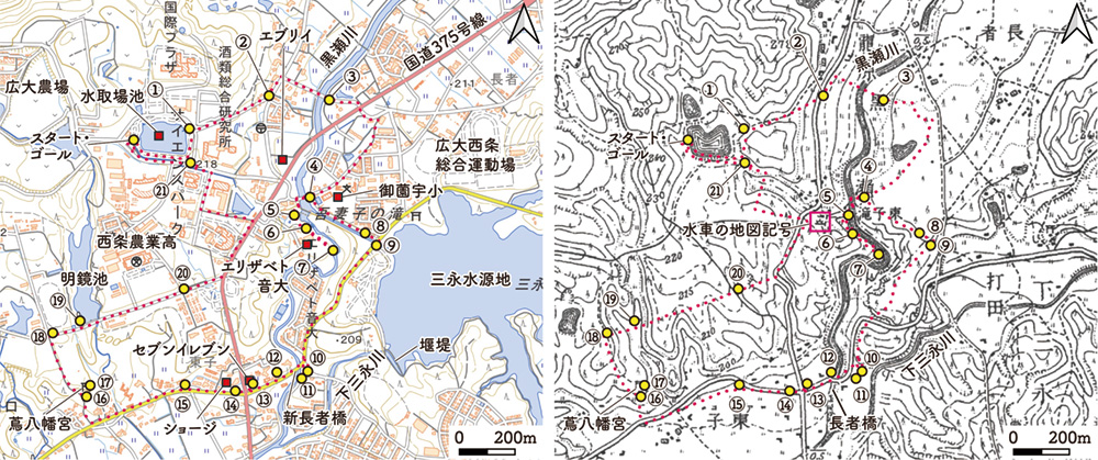 現在（左）と昭和初期（右）の地図に示した散策ルートと観察地点。基図は地理院地図、2.5万分の1地形図「原村」（昭和5年発行）
