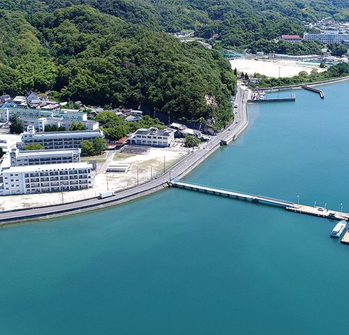 島にある広島商船。右の奥が校舎、左下が寮