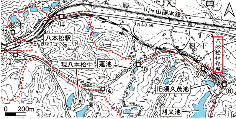 図3　国鉄八本松材修場と八本松駅・材修場間をつなぐ線路（1960年発行の地形図「西条」） 