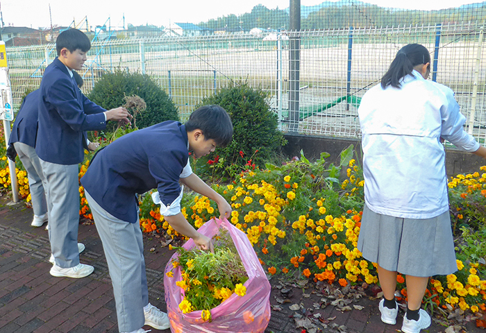学校前のバス停に新しく整備した学校の花壇でマリーゴールドの手入れをする生徒ら(提供写真)
