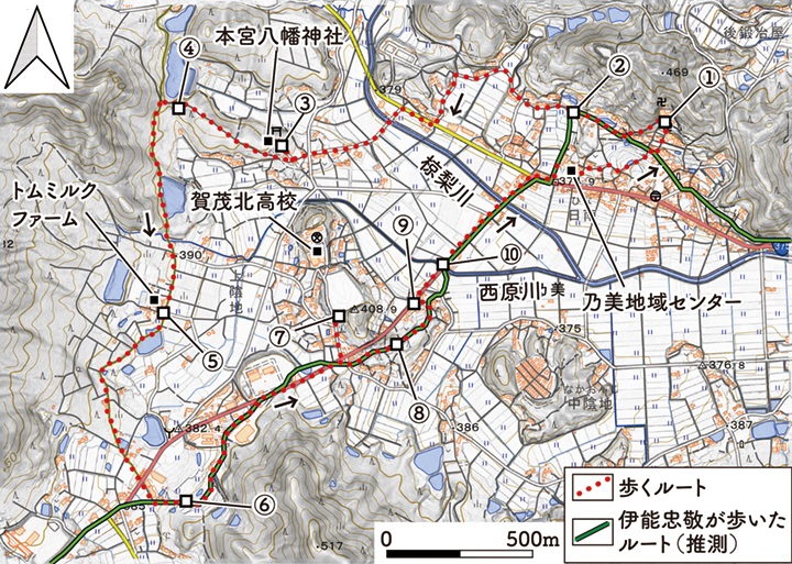 図1 地理院地図に示した散策ルートと観察地点