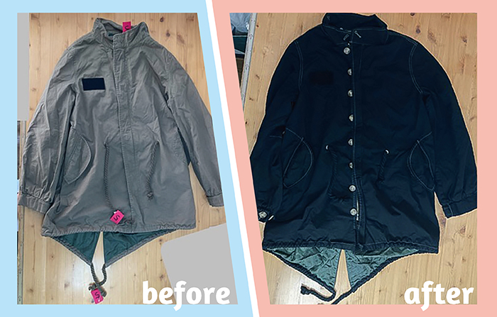 黒染め前のアウター（左）、黒染後のアウター（右）（提供写真）