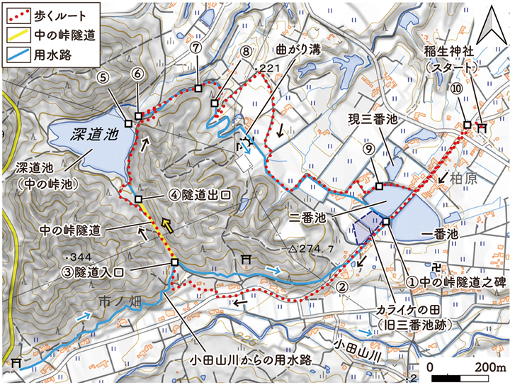 図1　地理院地図に示した散策ルートと観察地点