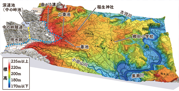 図2 柏原地区の3D地形モデル 地理院地図より作成