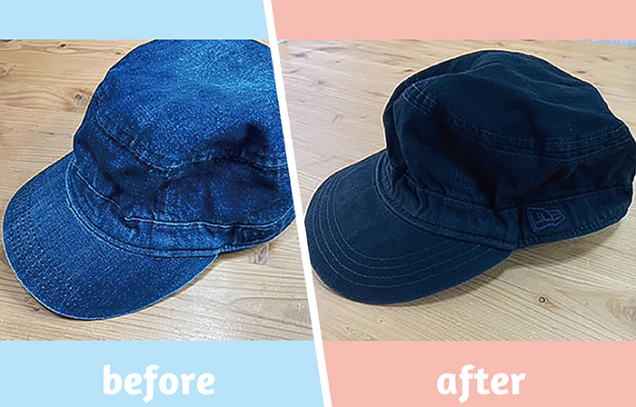 黒染め前の帽子（左）、黒染後の帽子（右）（提供写真）