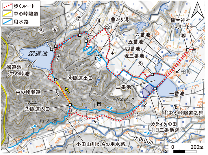 図1　地理院地図に示した散策ルートと観察地点