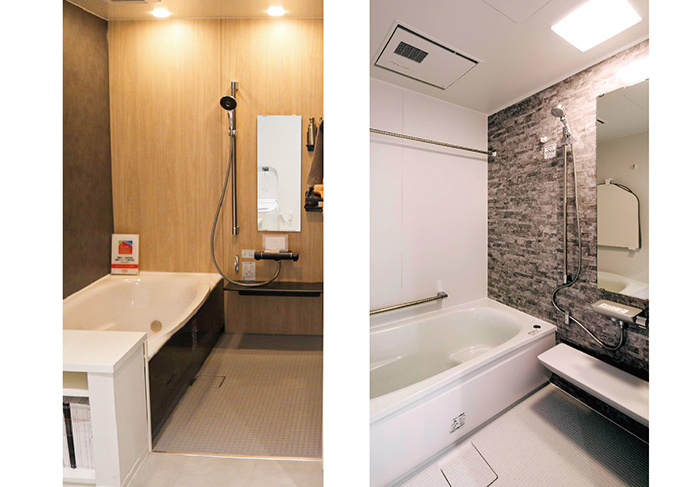 (左)LIXIL「リデア」を使用。使いやすさを重視した浴室、(右)TOTO「サザナ HTシリーズ」を使用。気持ちよさにこだわった浴室