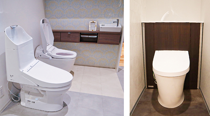 機能やデザインの異なる3種類のトイレを展示。Panasonic「アラウーノ」(左奥)、LIXIL「ベーシア」(左前)、TOTO「NJ2」(右)