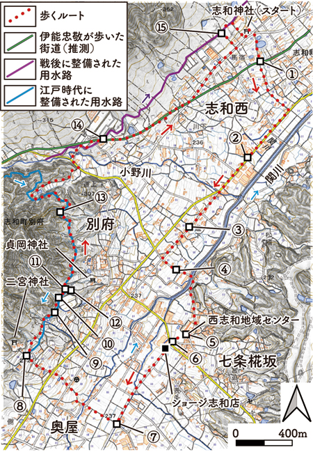 図1 地理院地図に示した散策ルートと観察地点