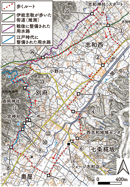 図1 地理院地図に示した散策ルートと観察地点