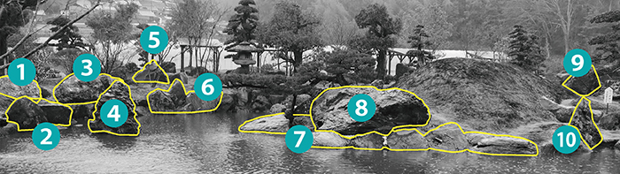 仙石庭園のたくさんの種類の庭石