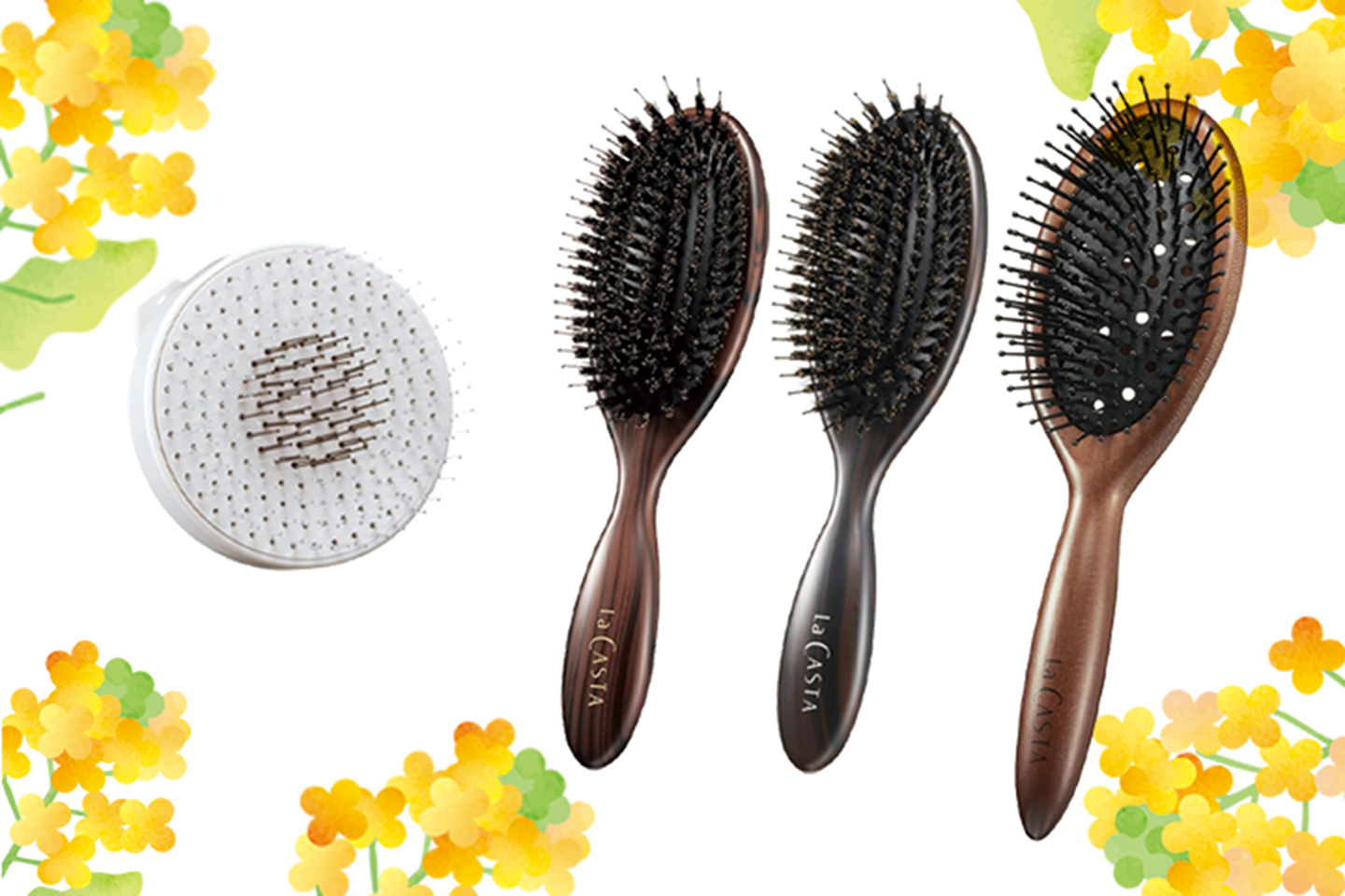 ラ・カスタシリーズ（左から）バスタイムブラシ、ヘッドスパブラシ、ヘッドスパブラシハード、リラクシングブラシ