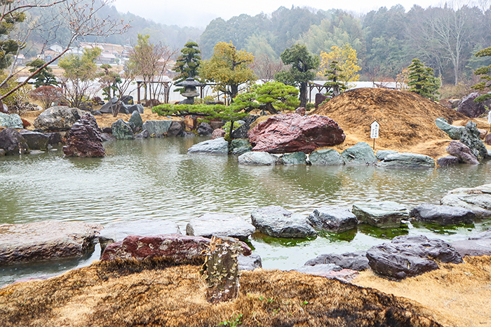 雨に濡れ石の色がより鮮やかな仙石庭園。雨の日は鑑賞にもってこい